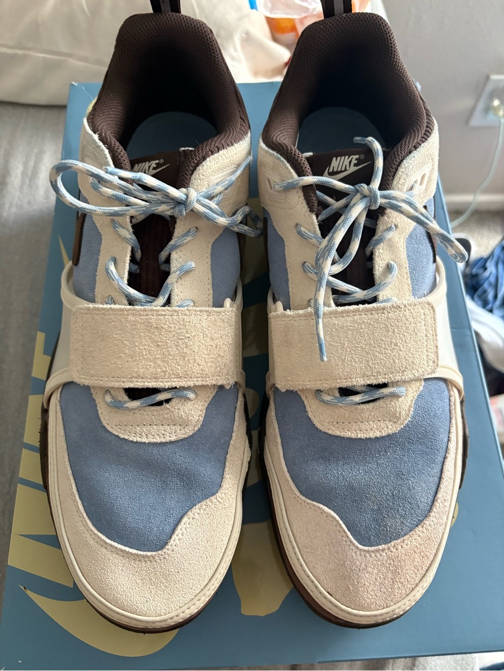Nike Light Blue & Cream Suede Strap Sneakers with Brown Interior